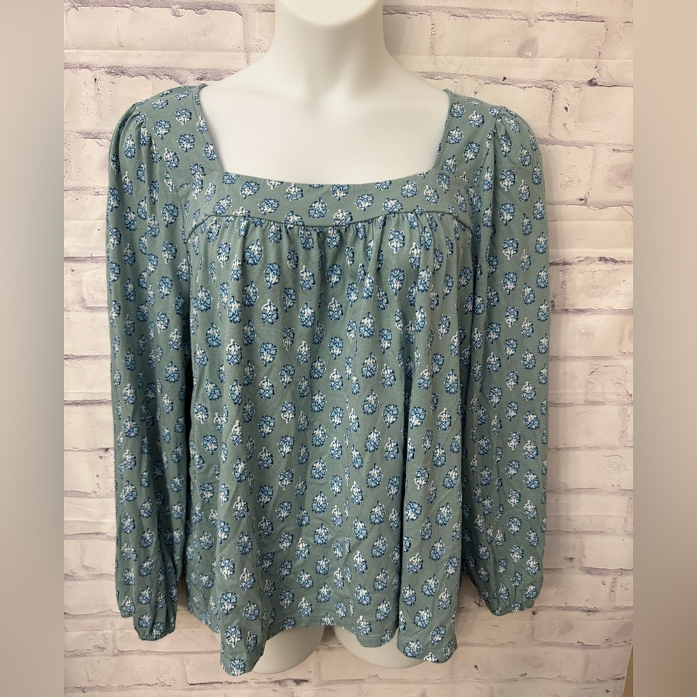 Lucky Brand XXL‎ Green Blue Floral Long Sleeve Peasant Top Square Neck Boho